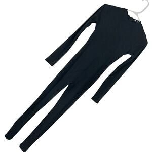 NWOT! FASHION NOVA! LUXE BLACK ONE PIECE RIBBED CATSUIT, JUMPSUIT, ONESIE! SZ L